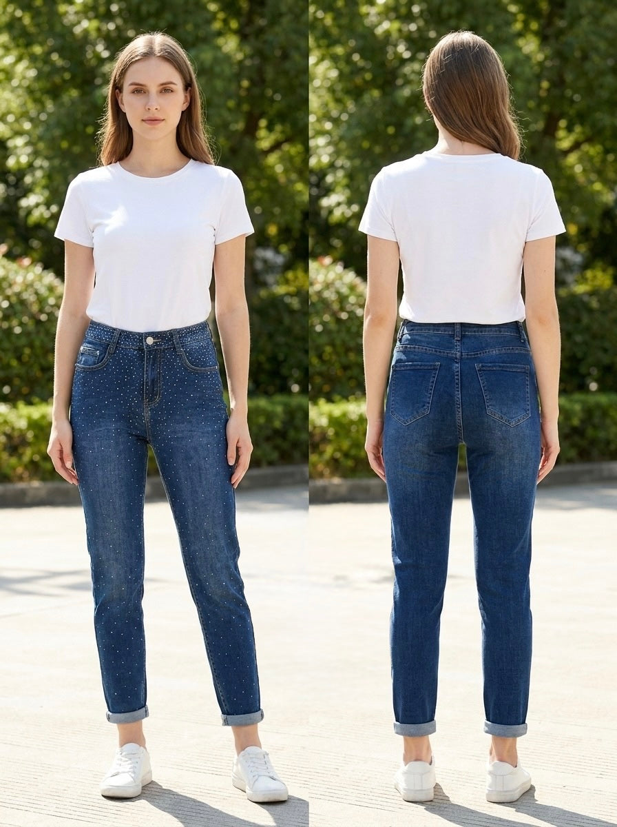 Stella | Mom jeans con strass - Azul