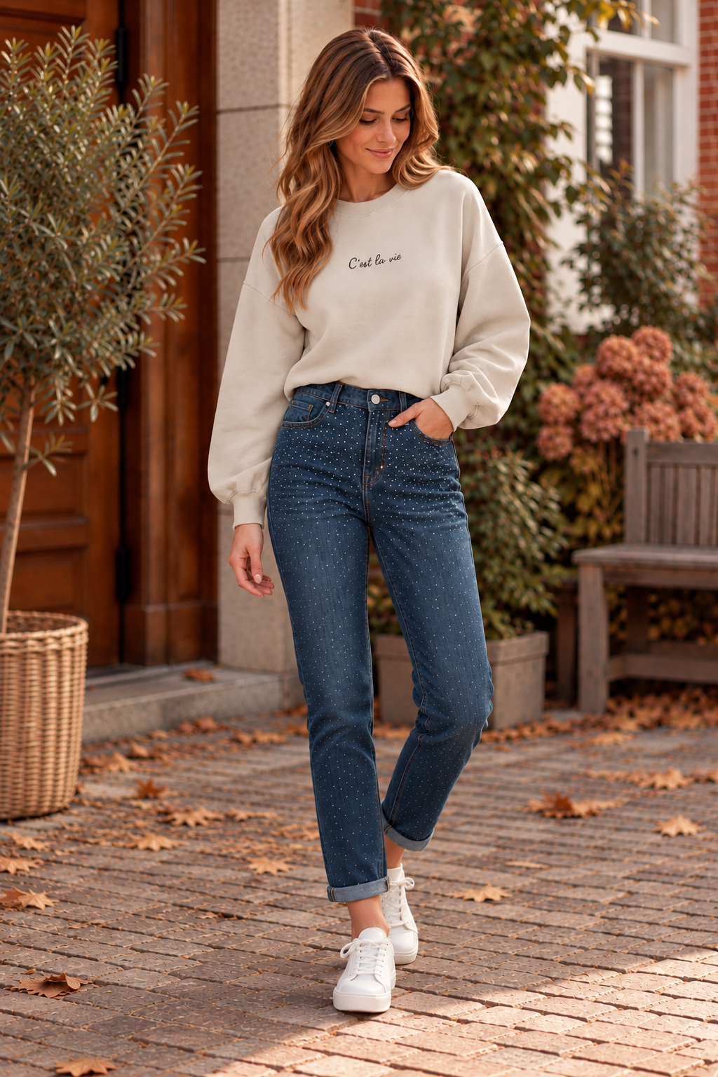 Stella | Mom jeans con strass - Azul
