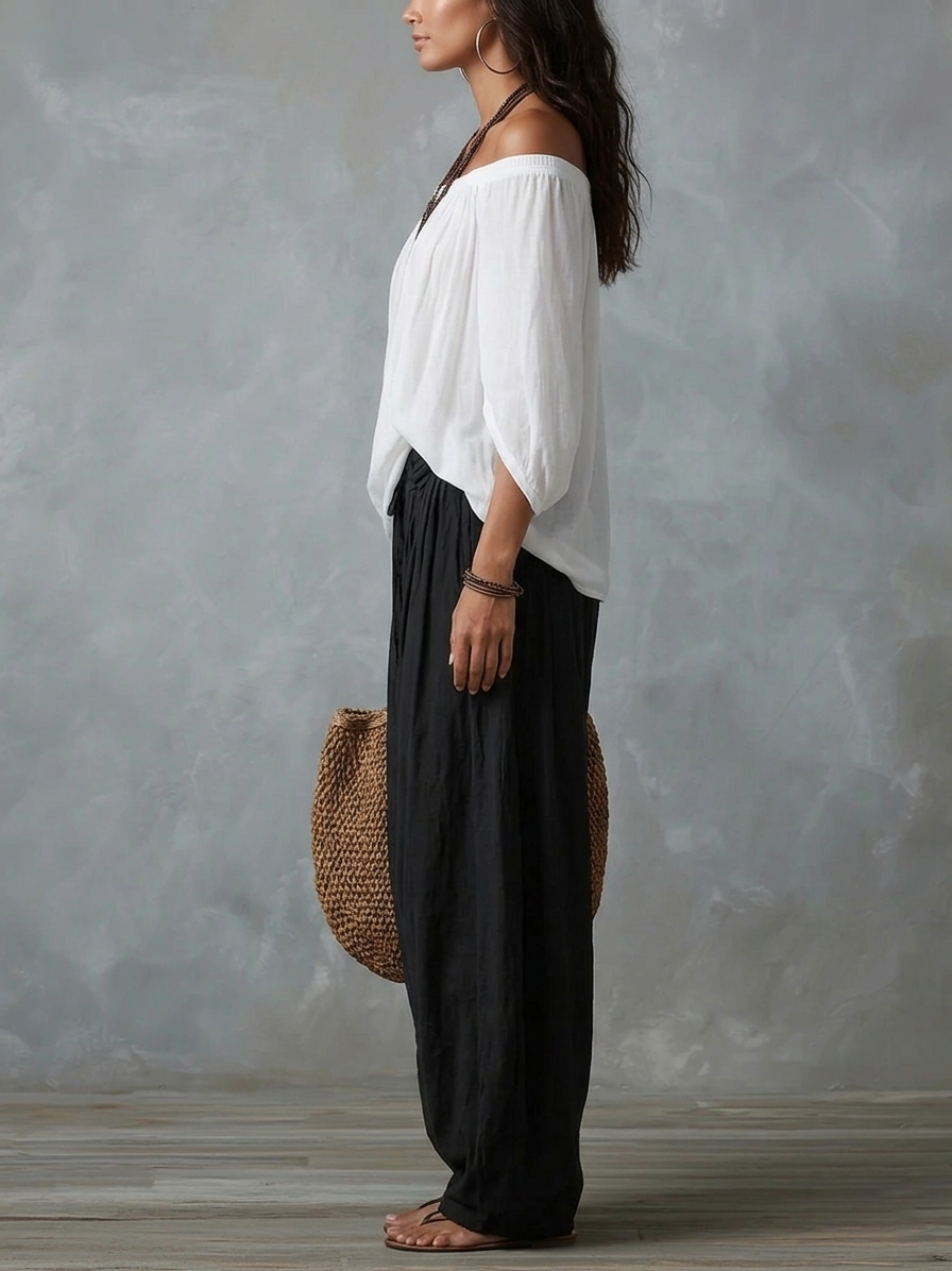 Alba | Conjunto de Top Blanco de Hombros Descubiertos y Pantalón Farol Negro