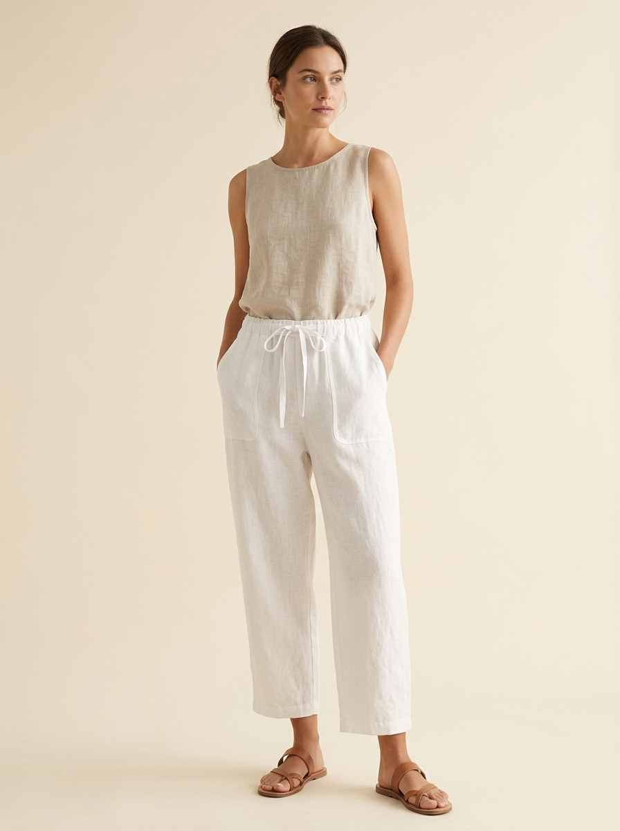 Marina | Pantalón Ancho de Algodón con Cordón Blanco
