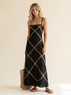 Vittoria | Vestido Largo Geométrico Negro y Camel