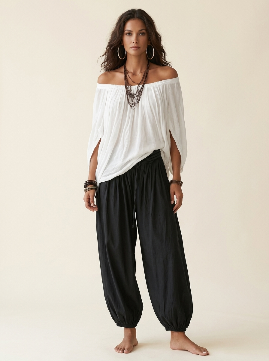 Alba | Conjunto de Top Blanco de Hombros Descubiertos y Pantalón Farol Negro