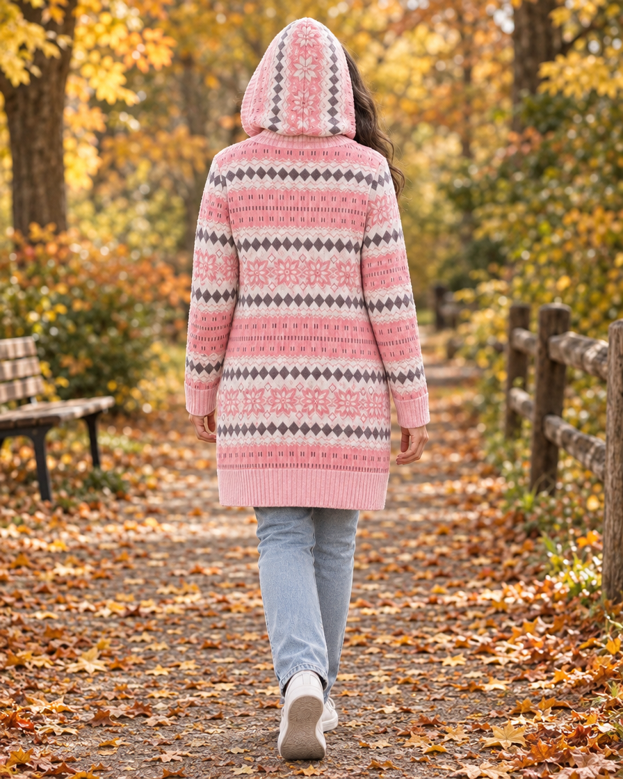 Espalda de la chaqueta de punto rosa con capucha