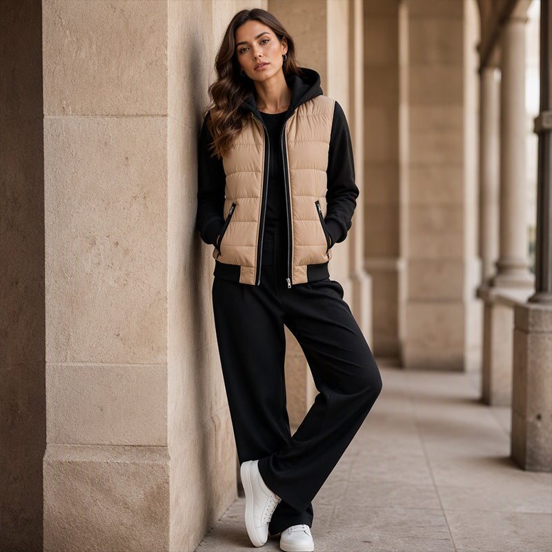 Chaqueta camel con negro, look completo